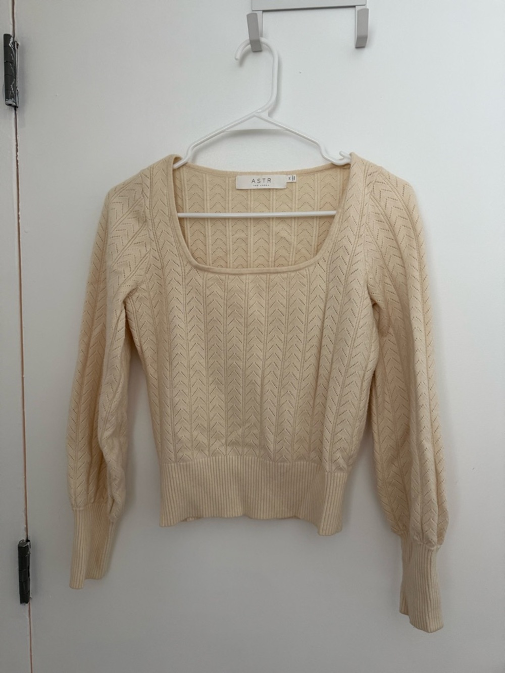 Astr Cream Square-Neck Pointelle Knit Sweater